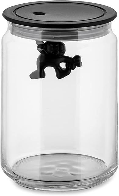 A Di Alessi AMDR05 B Glass Gianni Jar A Little Man Holding On Tight Medium Kitchen Box with Hermetic Lid in Thermoplastic Resin, Black, 90 cl