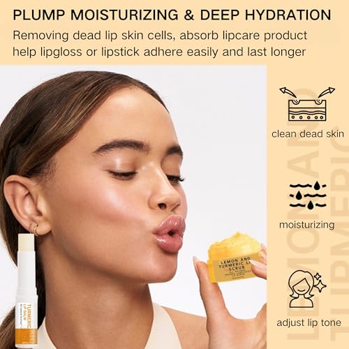 3pcs turmeric and lemon lip scrub amp turmeric lip balm with brush set eliminate lip fine lines lip scrubber exfoliator natural nourish sugar lip scrub for dry dull chapped dark lips