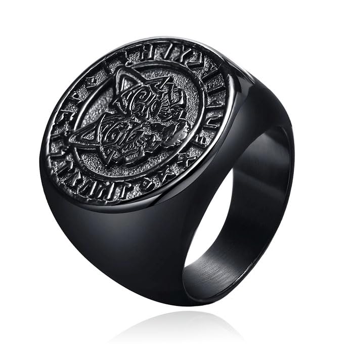Bague nordique loup runique noir cadeau anniversaire homme 20mm