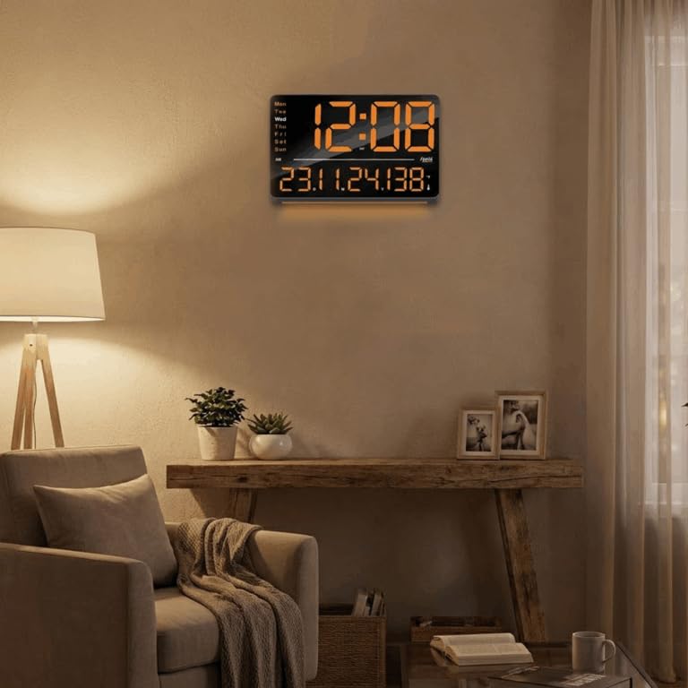 Image of Ajanta Digital Wall Clock with RGB Night Light, Temperature, Calendar and 12 /24H Format (Orange, 33 x 22 cm)