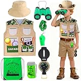 Kyson Kit de explorador infantil e fantasia de safári para crianças de 3 a 8 anos - Conjunto completo de aventura ao ar livre com colete, chapéu, mochila, binóculos, lanterna, bússola e apito para