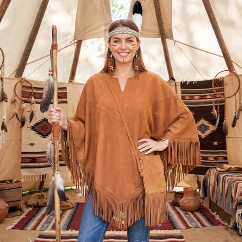 iZoeL Costume Indienne Femme Veste Style Cape Amérindien, Costume Carnaval/Halloween/Fête Femme - Hauts Sac Bandeau à Plumes Boucles d'oreilles