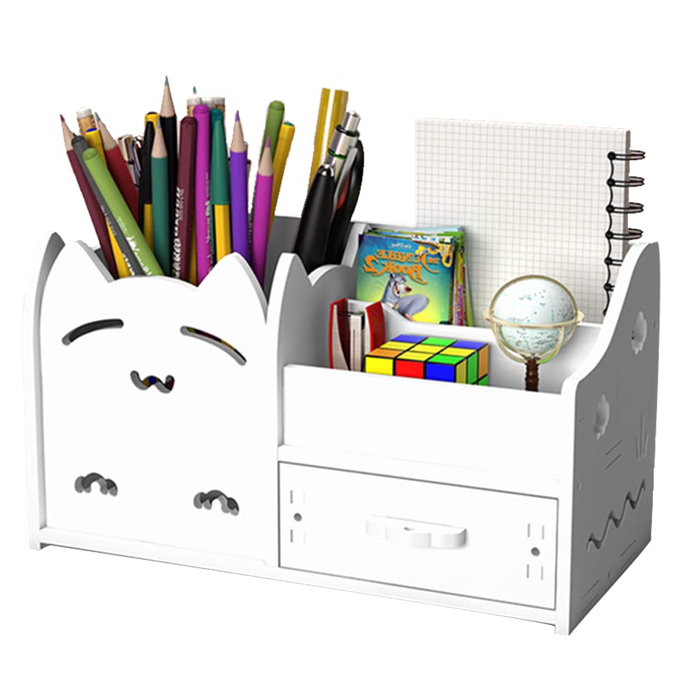 Axroad Mall Cat White Desk Pen Holder, Cute Desktop Organiser Diy Desk Tidy Storage Box With Drawer Multifunctional Stationary Organizer