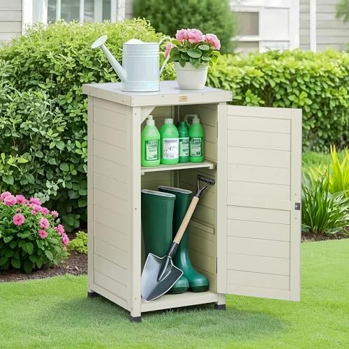 HABAU Outdoor Storage Cabinet, Potting Bench Table with Metal Tabletop & Shelves, Wooden Planting Workstation for Patio Garden, Weatherproof