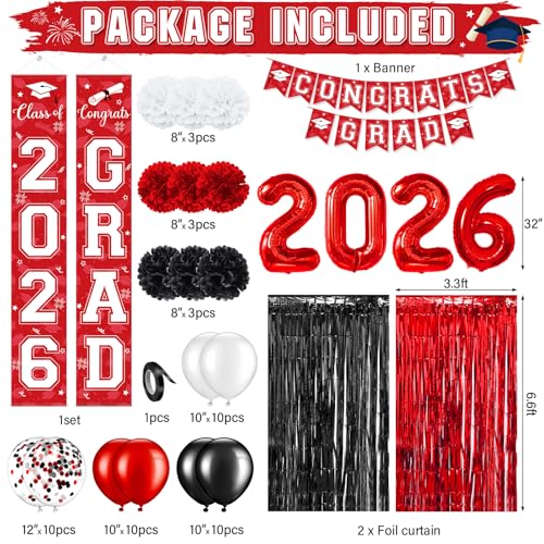 Image of Graduation Party Decorations Class of 2026, Graduation Decorations with Congrats Grad Banner Fringe Foil Curtain Paper Flower Ball Balloons for High School College Grad Party Supplies, Red