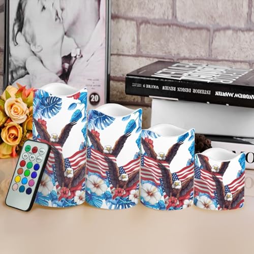 Image of USA Flag Flameless Candles Bald Eagle Tropical Flowers Flameless Candle with Remote Timers for Lights Patriotic Independence Day Lamp for Home Dinner Table Garden Tea Party, 4 Pack