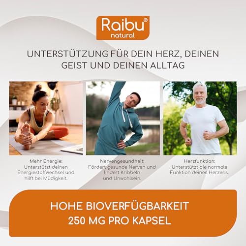 Vitamin B1 (Thiamin) Hochdosiert, 250 mg pro Kapsel - 6 Monatsvorrat: 180 vegane Kapseln - Premium Vitamin B1, hohe Bioverfügbarkeit & laborgeprüft - Ohne unerwünschte Zusätze, Raibu