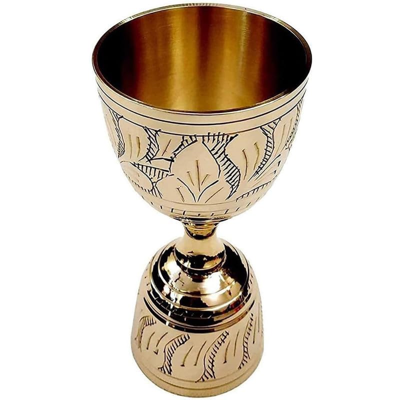 GRAINEX ENGINEER Wine Goblet Solid Brass Embossed Measure Cup 30 Ml/60 Ml Royal Wine Cup Handmade Goblet Medieval Decor Gothic Chalice Glass Pack of 2