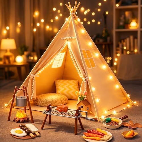 Teepee Tent for Kids with BBQ Pretend Play Toys, Spacious 60” Kids Play Tent Indoor & Outdoor, Foldable Playhouse with Mat & Star Lights, Washable Camping Toys Gift for Boys & Girls Ages 3–8