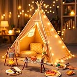 Teepee Tent for Kids with BBQ Pretend Play Toys, Spacious 60” Kids Play Tent Indoor & Outdoor, Foldable Playhouse with Mat & Star Lights, Washable Camping Toys Gift for Boys & Girls Ages 3–8