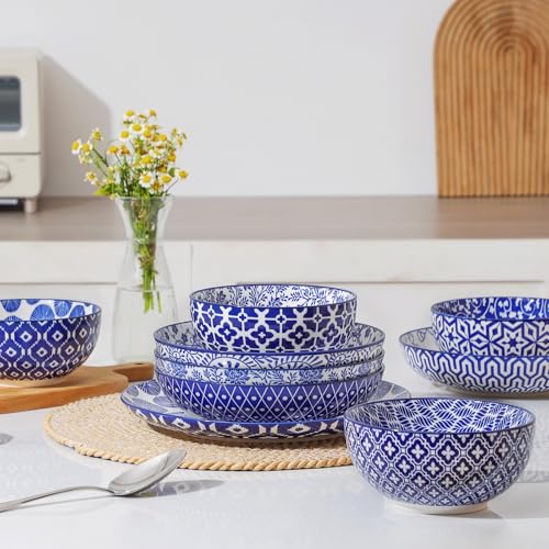 Image of Selamica Ceramic Plates and Bowls Sets,32 Pieces Dinnerware Sets for 8,Scratch Resistant Dish Set for family gathering,Dishwasher & Microwave Safe, Vintage Blue