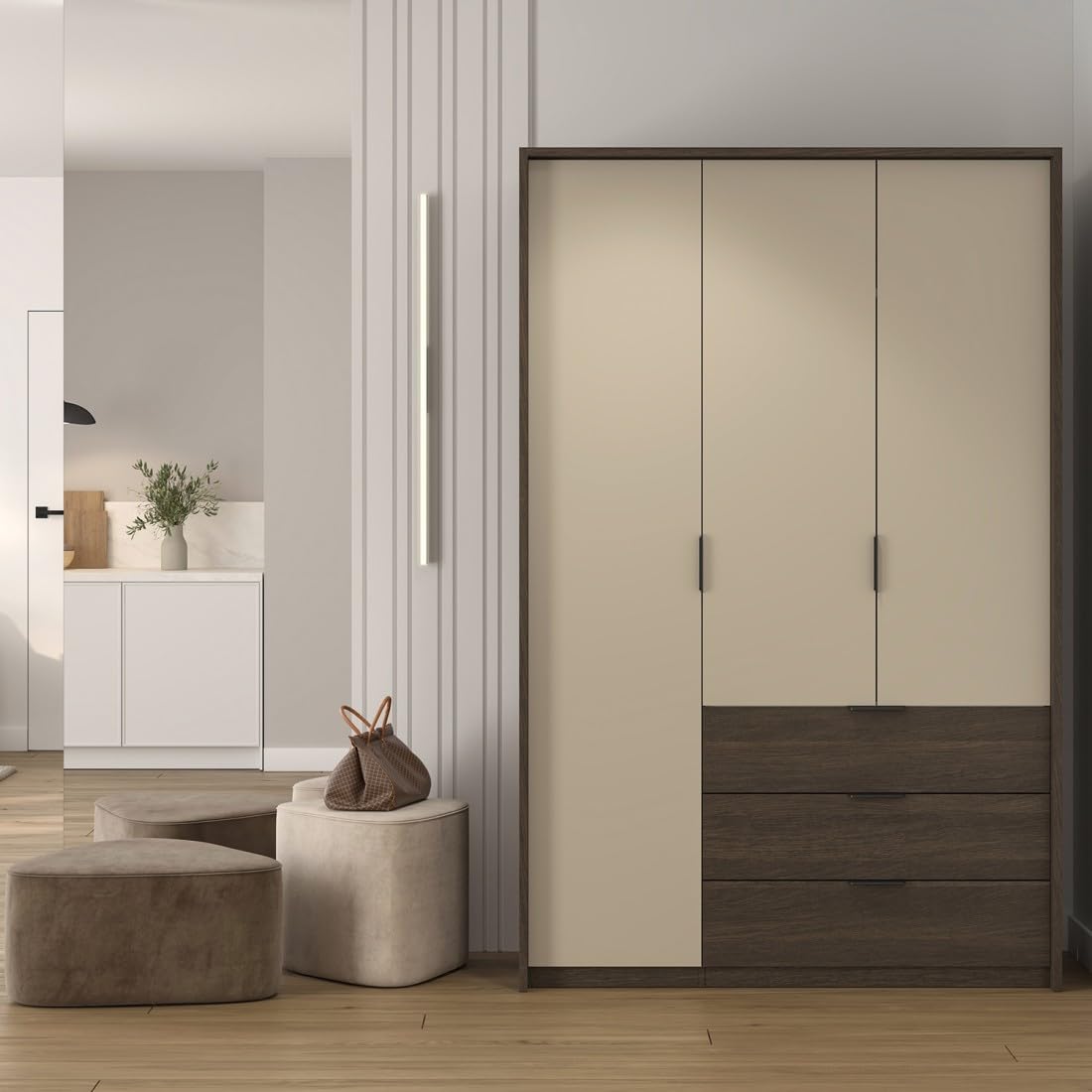 Armadio VALDORA 3 ante con LED e 3 cassetti rovere scuro e beige 139 cm