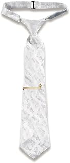 First Communion Tie with Clip for Boys, White Satin Chalice Brocade Necktie, Catholic Gift Accessory for Son Grandson or Nephew, 14 Inches, Adjustable, One Size