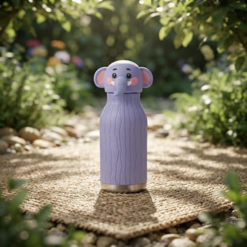 Image of JOUET 450ml Stainless Steel Kids Water Bottle with Cute Elephant Character Lid, Leakproof Drinking Bottle for School, Travel, Sports & Everyday Use