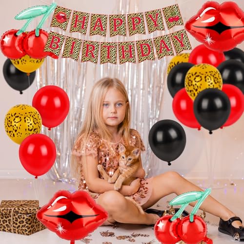 Image of Cheetah Cherry Birthday Decorations Leopard Happy Birthday Banner with Cherry Red Lips Cheetah Print Red Black Balloons for Girls Women Birthday Party Decor Supplies