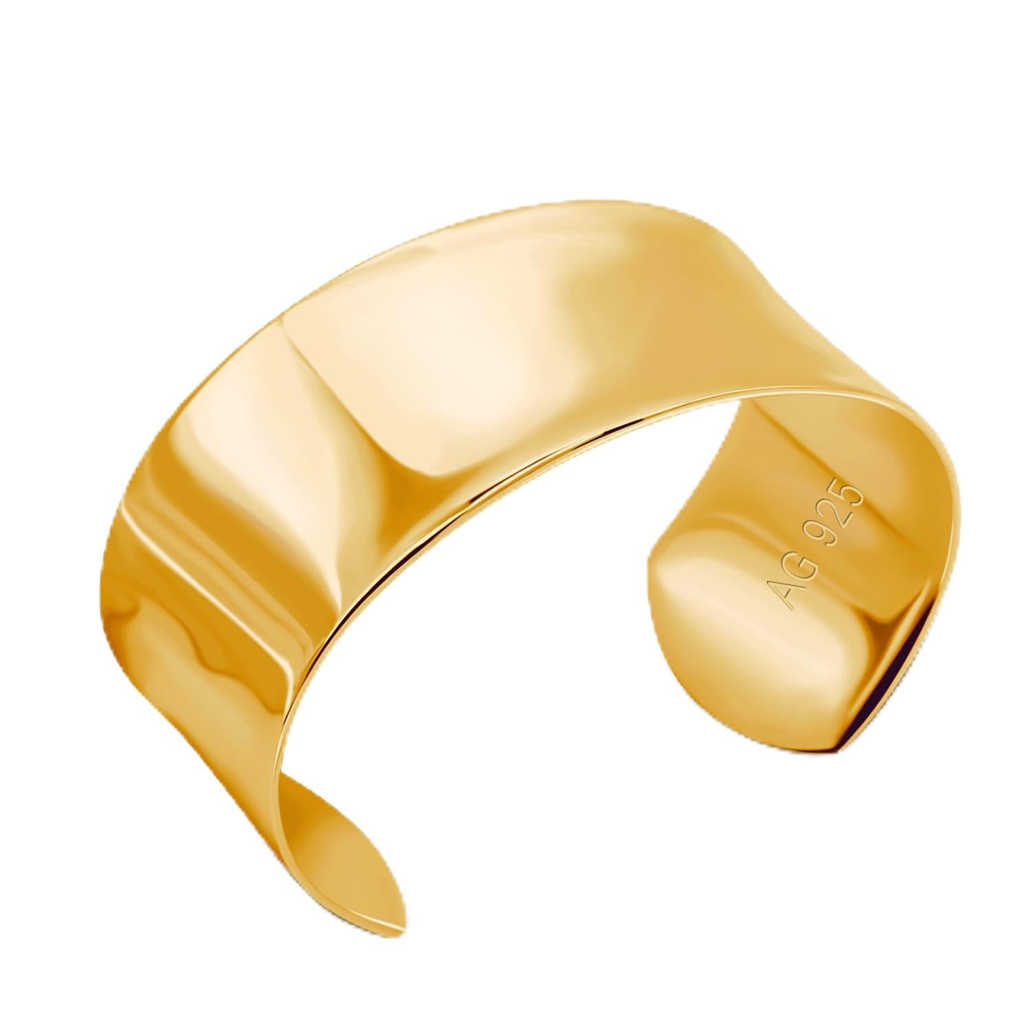 Dankadi Bracciale da donna esagerato, aperto, largo, 3 cm in 925, in argento, bracciale a cerchio 60 mm, regolabile, gioielli da polso curvi, placcato oro martellato, stile bohemien, regalo per