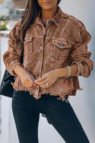 Womens Cropped Corduroy Jacket Casual Button Down Shacket Coat Fringe with Frayed Hem2