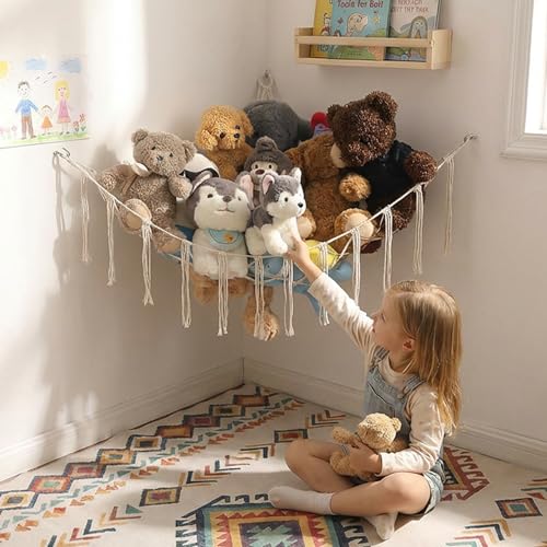 YKBU Stuffed Animals Hammock Corner Hanging Net Macrame Stuffed Animal Storage Plush Toy Holder Toy Organizer for Boho Nursery Playroom Bedroom Kids Room (cream M)