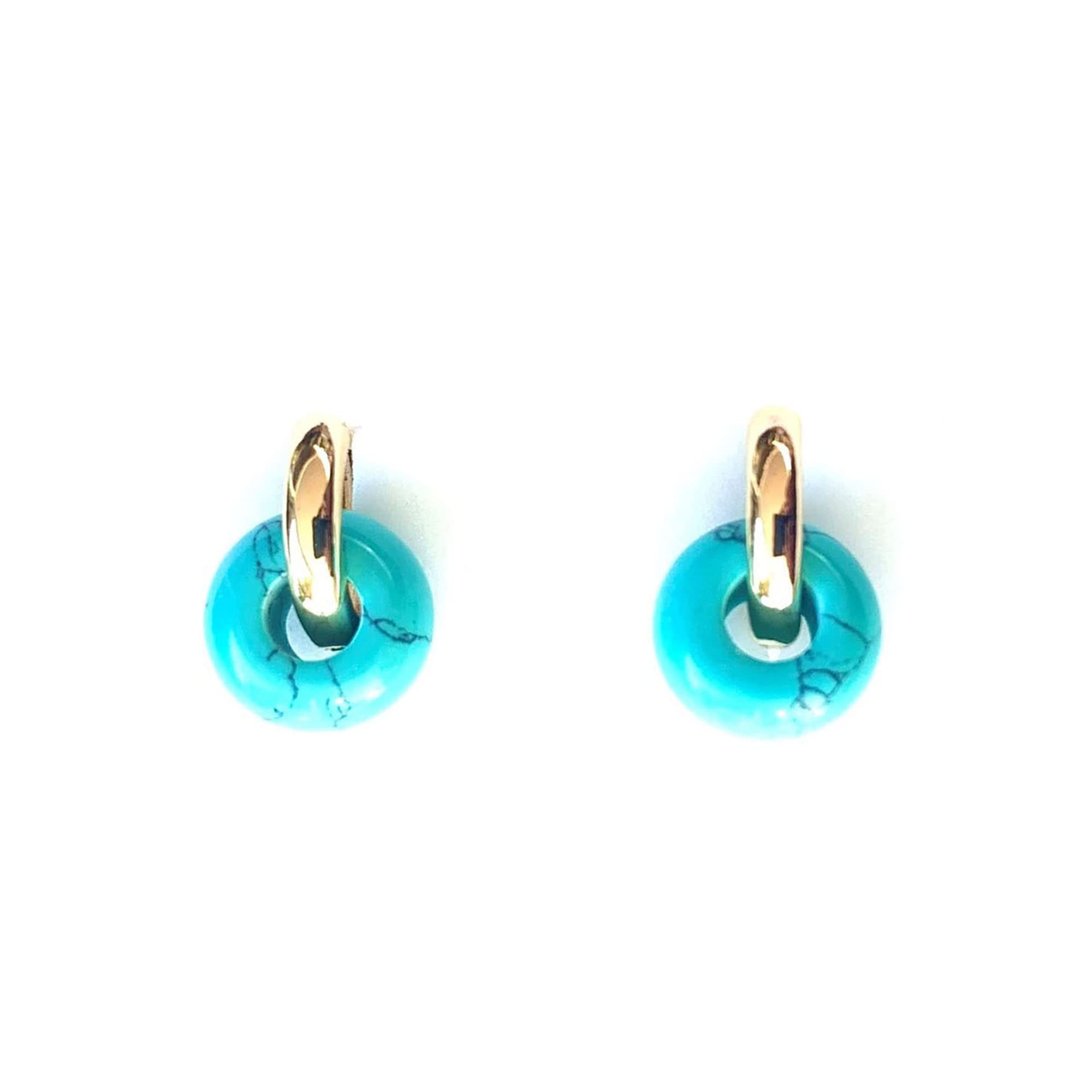 ASTER ALHELÍPendientes Aros Mujer Chapados en Oro o Platino con Piedras Naturales - Colgante en Forma de Donut de Piedras Semipreciosas - Perfectos para Regalo - Aro Donut (Turquesa, Chapado en oro)