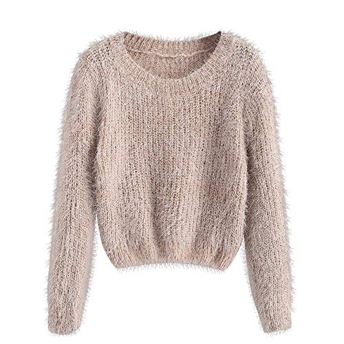 ZAFUL Women's V Neck Fringe Pullover Sweater Drop Shoulder Long Sleeve Knit Jumper Tops (One Size, Apricot)