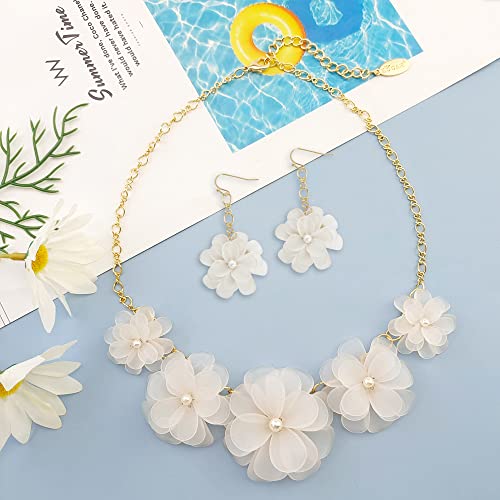 Bocar Flower Collar Necklace, Floral Flower Summer Beach Statement Choker Necklace and Earrings Set for Women, Handmade Women Jewelry Gift2