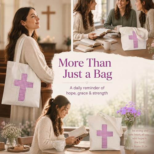 Image of Christian Tote Bag Gift for Women, Canvas Bible Bag Handmade Floral Cross | Christian faith-inspired gift, handcrafted cross with lace, inner pocket, snap closure, bottom gusset, church Bible study use