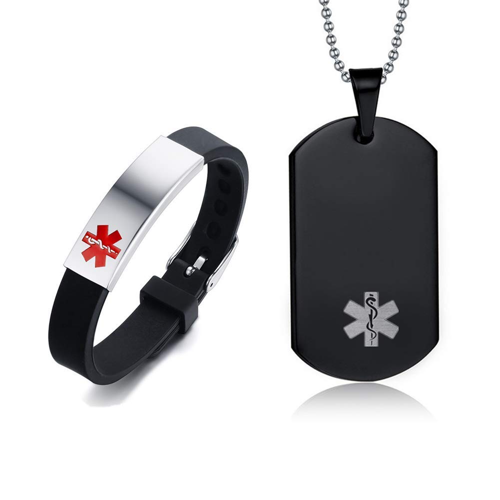 LF Stainless Steel Customize Medical Alert Jewelry Sets Emergency ID Tag Caduceus Bracelet Necklace Sets,Free Engraving Medic Jewelry for Child Teens(Medical Alert Necklace + Bracelet)