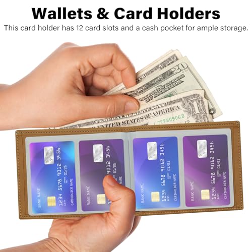 Bifold Leather Wallet for Men Women, RFID Minimalist Wallet with 12 Card Slots and Large Cash Compartment, Multifunctional Card Holder with Top Open, Thin & Stylish Photo Album -Apricot(PW)4