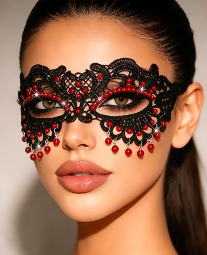 Ursumy Lace Masquerade Mask for Women Shiny Rhinestone Party Mask Tassel Costume Masks (Red)