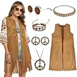 【60er 70er 80er jahre Outfit Dame】‌Unser ‌Hippie Kostüm Damen‌ mit khaki Fransenweste und ‌Hippie Accessoires‌ schafft sofort 60er 70er 80er Jahre Party-Atmosphäre – ideal für ‌Faschingskostüm Damen‌ und Halloween‌‌.