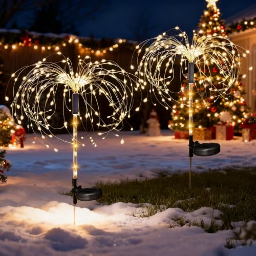 XRR 2 Pack 120 LED Feux d'Artifice Solaires, Lampe Solaire Exterieur avec piquets lumineux 2 modes décorations de jardin Starburst Fairy Lights pour Jardin, Terrasse, patio, mariage (Blanc chaud) – vue 8