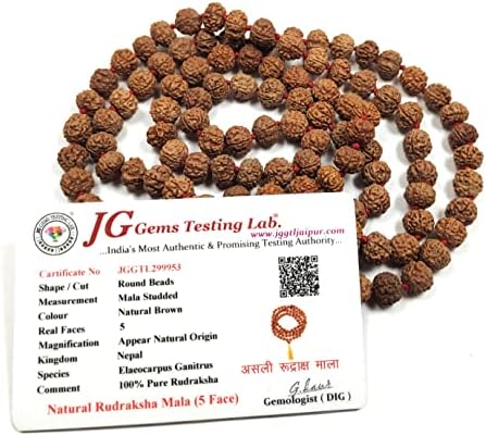 rocksmins Natural Original 5 Panch Mukhi Rudraksha Jaap Mala with Lab Certificate (108+1 Guaranteed) 8 mm Beads for Pooja Astrology Wearing in Neck/Holding Men Women Boys Girls Protection Meditation