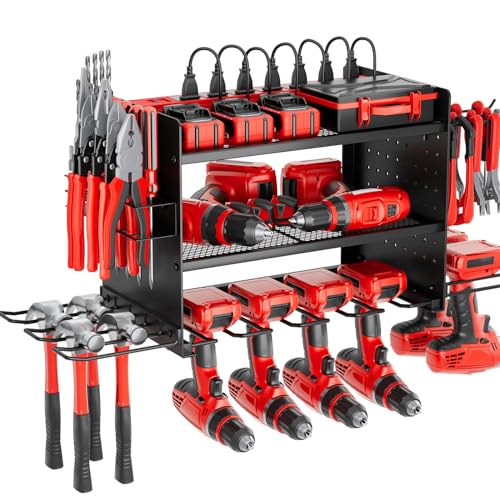 Power Tool Organizer Wall Mount, 3 Layer 8 Drill Holder Tool Shelf Storage Rack for Garage Organization, Birthday Gifts for Him Men Dad Husband Anniversary Fathers Day, Cool Gadget Stocking Stuffer