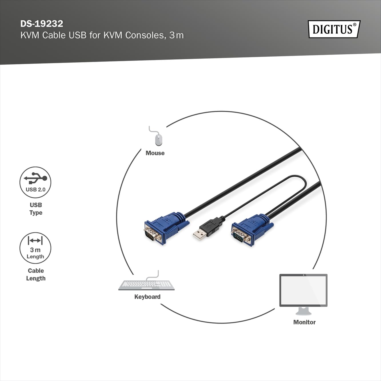 DIGITUS Kabel KVM - 2x złącze VGA, 1x złącze USB 2.0-3 m - Pasuje do: DS-720xx i DS-23100-1, DS-23200-1, DS-23300-1 - Czarny
