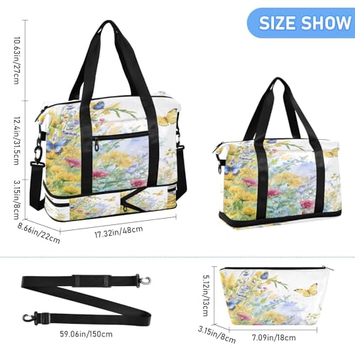 Flowers and Butterfly Gym Bag - Weekender Overnight Bags for Women Men, Sport Travel Duffel Bag with Wet Pocket & Shoe Compartment3