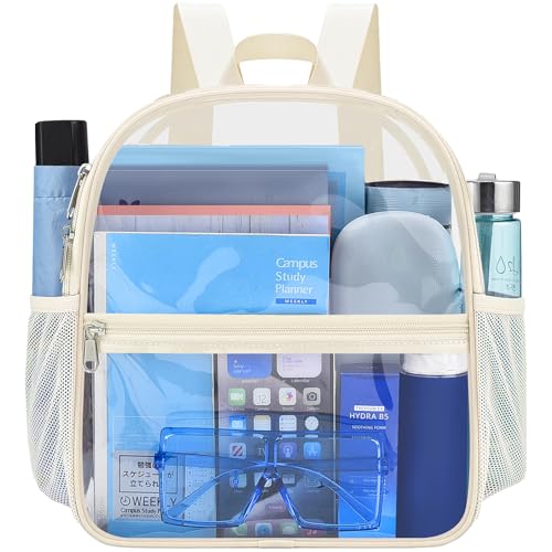 Image of Busiuw Clear Backpack for Stadium Events 12x12x6 Mini SmallSports Fan Backpacks with Front Pocket for Concert Sport Events Work Travel(Cream)