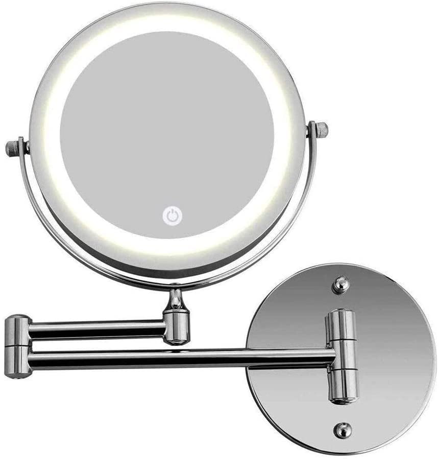 Miroir de maquillage LED mural en acier inoxydable chromé avec double alimentation USB et batterie