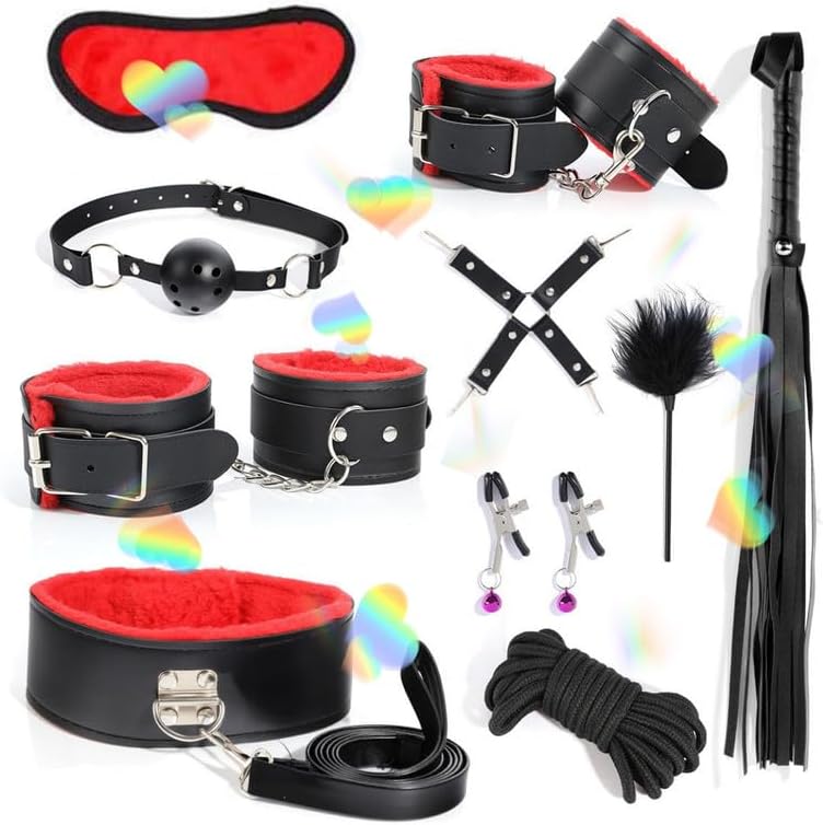 10 Piece Leather Training Multifunctional Combination Set, Including Feather Sticks and Hand Woven Ropes, Couple Gift DUS-7 （Red）