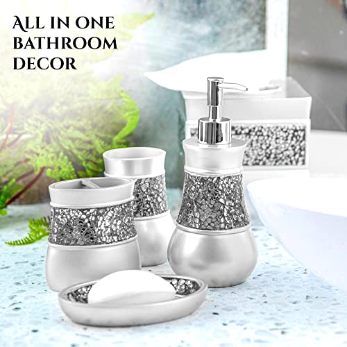Crackled Glass Silver Bathroom Accessories Set - 6 Piece Bathroom Set Includes: Toilet Brush and Holder Set, Tissue Box Cover, Toothbrush Holder, Soap Dispenser, Soap Dish & Tumbler - Image 3