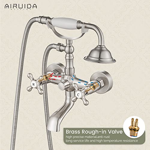 Airuida Brushed Nickel Wall Mount Bathroom Faucet With Handheld Shower Sprayer Wall Mount Only Bathroom Tub Faucet Double Cross Handles Hot And Cold Water Mixer Tap Shower Vintage Style #TOP3