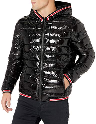 Calvin Klein Men's Hooded Lightweight Water Resistant Packable Down Puffer Jacket, Ultra Black, Medium