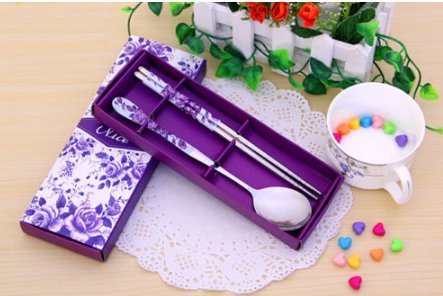 Metal Stainless Steel Chopsticks and Spoon Set Chinese Purple Pattern