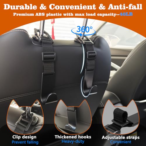 Image of Amooca Anti-drop Car Headrest Hooks 4 Pack Seat Organizer for Bags | Universal Fit Cars SUV Truck, Adjustable, Holds Backpack Water Bottle Handbags Groceries, 40lb Heavy Duty, Clip Design