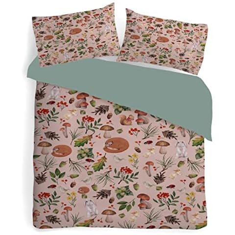 Vintage Foxes Rabbits Mushrooms Forest Corner Bedding Set for Girls Boys - Twin - 87'' x 68'' Weed Mushroom Decor Cute Duvet Cover Set Aesthetic Comforter Cover Set 3 Pieces Trippy Quilt Set Cover