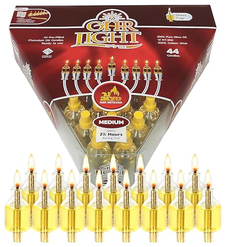 Ner Mitzvah Pre - Filled Menorah Oil Cup Candles Hanukkah Ohr Lights 100% Olive Oil with Cotton Wick in Glass Cup - Medium (Pack of 44) Burns Approx. 2 1/2 Hrs