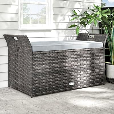 YITAHOME 90 Gallon Outdoor Wicker Storage Bench w/Cushion, Large PE Rattan Deck Storage Box w/Handles & Hydraulics for Patio Furniture, Cushions, Garden Tools, Pool & Sports Equipment, Light Grey