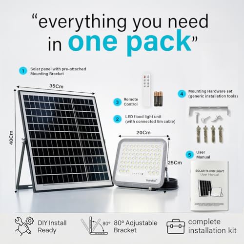 Image of hardoll Solar Flood Light 200W with Remote, Cool White LED, 5M Cable, Waterproof IP65 Aluminium + Lens Body, Replaceable 20000mAh Lifepo4 Battery for Home, Garden, Terrace, Outdoor (Pack of 1)