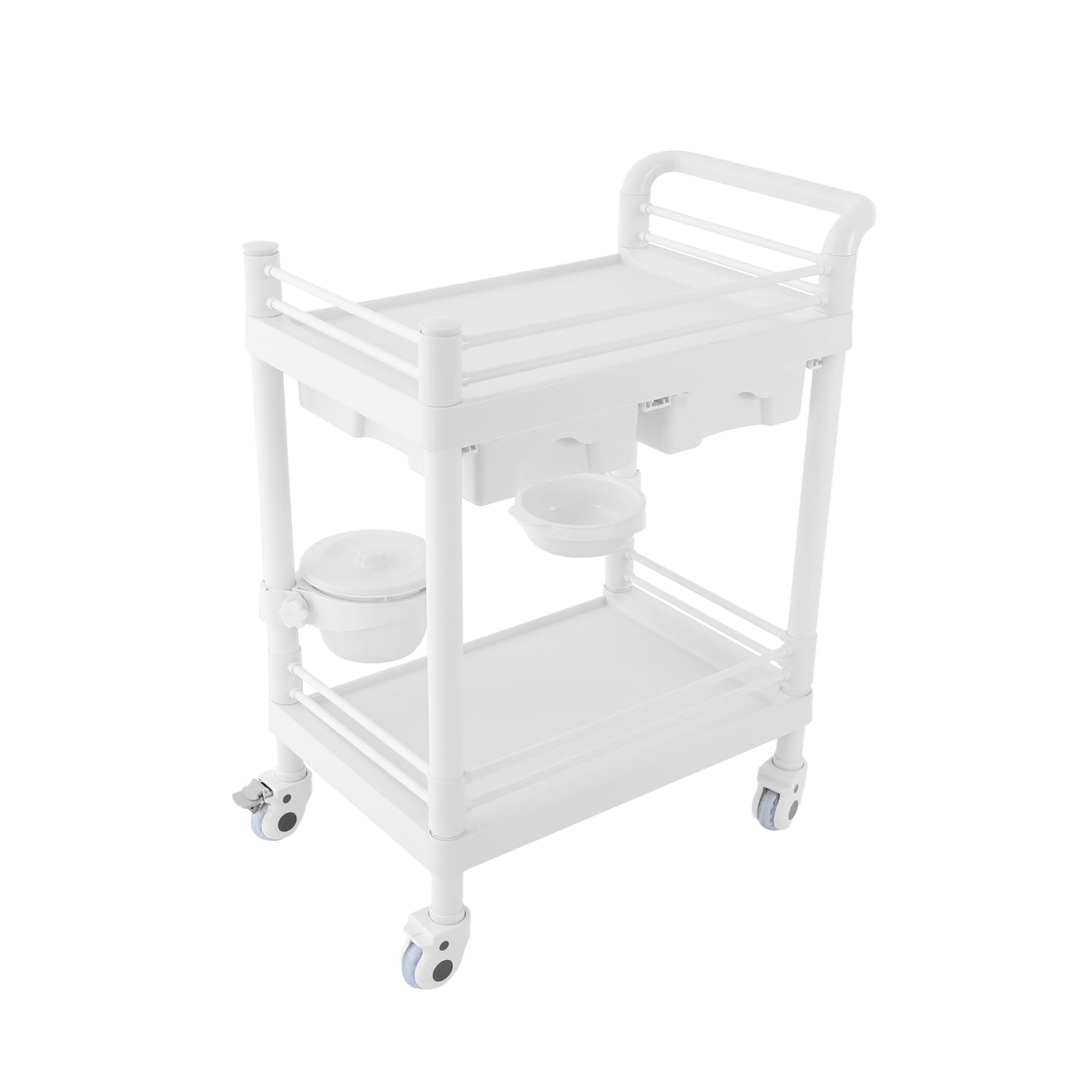 OUKANING Carrello medico con 2 cassetti e ruote dei freni, carrello da laboratorio arrotolabile in ABS, portata 90 kg, 64,5 x 44,5 x 90 cm, bianco multifunzionale per ospedale, studio cosmetico e
