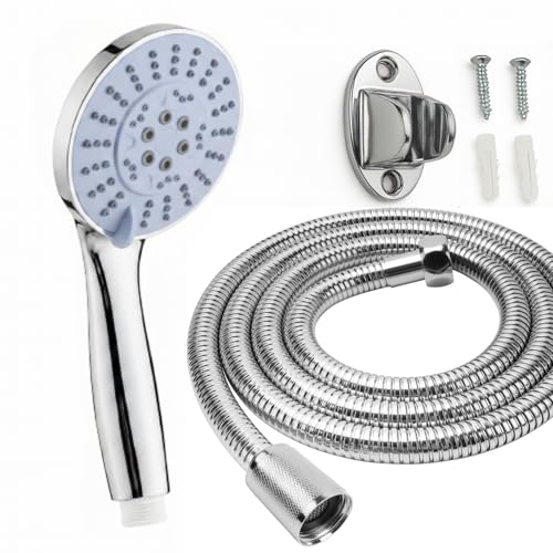 Alcachofa de Ducha Multifuncional, Cromado ABS, 10 cm Diámetro, 5 Funciones, Manguera 1.5m, Soporte de Pared, Sistema Antical, Ahorro de Agua 30% Alcachofa de ducha con manguera + 1.5 m.