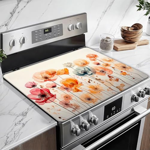 Image of Colorful Poppy Floral Stove Top Covers for Electric Stove, Electric Gas Stove Pad Heat Resistant Range Cooktop Protector for Home Decor Kitchen 28 inchx20 inch